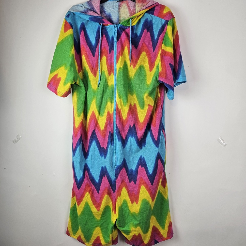 Top Drawer One Piece Shorts Tie Dye Zip Front Jumpsuit Loungewear Hoodie Rainbow